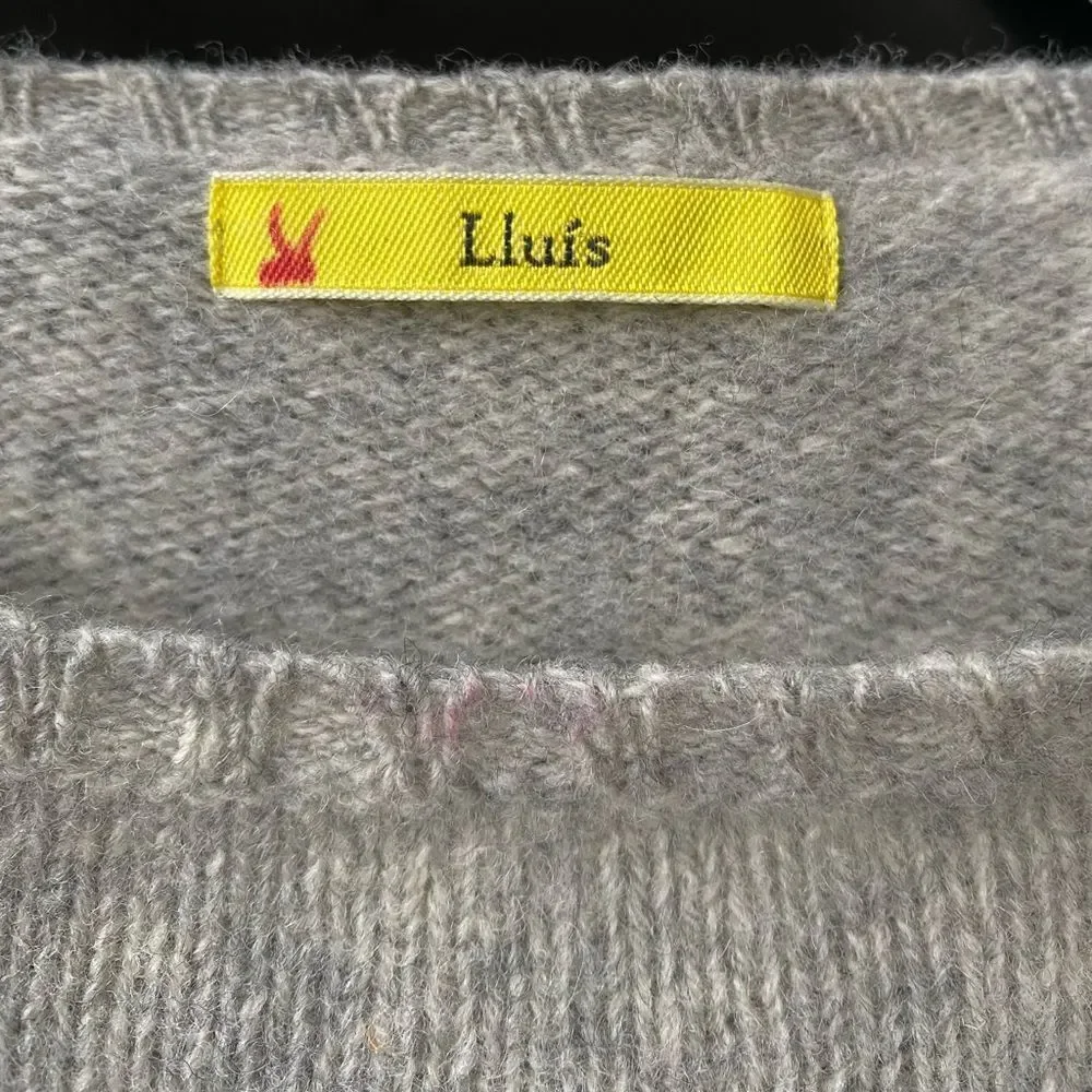 Lluis Gray Embroiled 100% Lambswool Sweater, Size XS-S